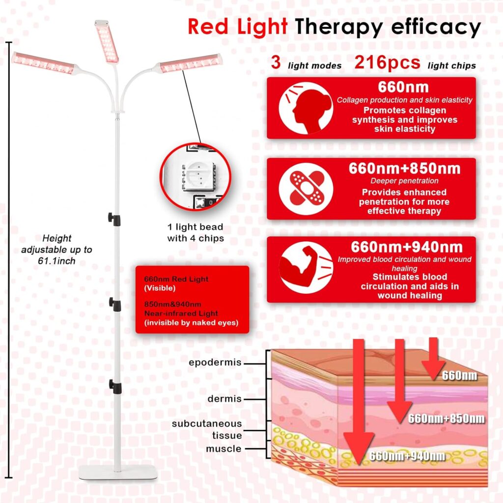 Red Light Therapy Lamp with Adjustable Stand, Timer, Height, Brightness - 660nm, 660nm+850nm, 660Nm+940nm- Effective for Body and Skin Vitality, 3-Head,White,27W