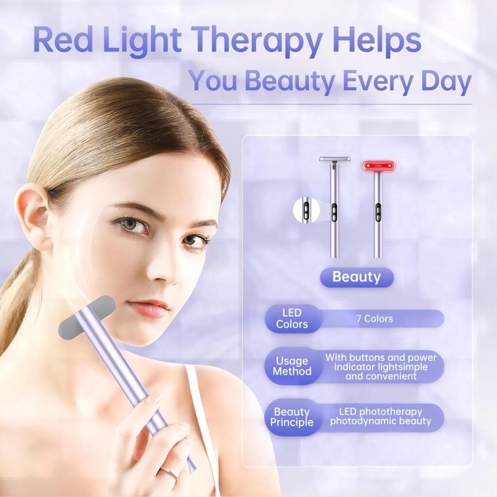 Light-Therapy-Wand, Red Light Therapy for Face and Neck Facial Wand 7 in 1 Led Beauty Wand Red  Blue Rejuvenation Face  Eye Massager Skincare Tool